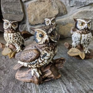 Vintage set of 4 Homco Porcelain Owl Figurines on Logs 5" Retro Boho